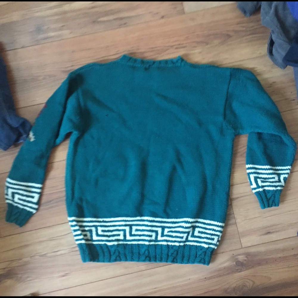 Vintage floral rose Greek key aqua teal sweater M - Picture 5 of 6